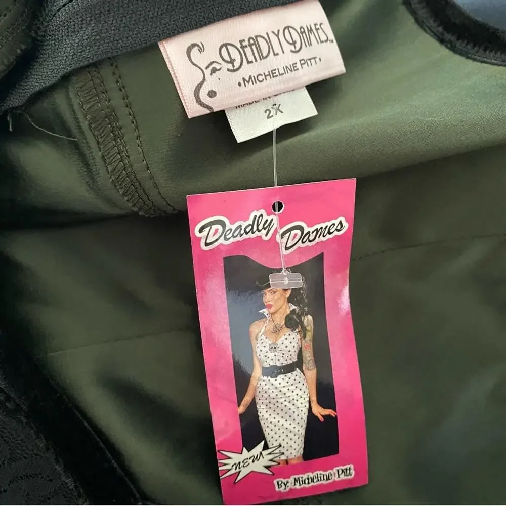 Deadly Dames NWTs Olive Green Black Lace Velvet Trim Wiggle Dress size 2X - Picture 7 of 9